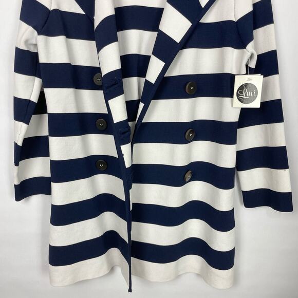 Luii | NWT Anthro Navy & White Stripe Thick Woven Knit Button Front Jacket - Picture 7 of 13